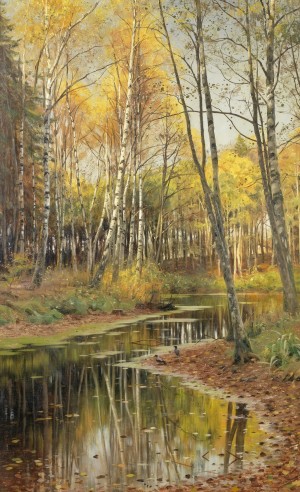 Landscape with two birds and several trees near a lake